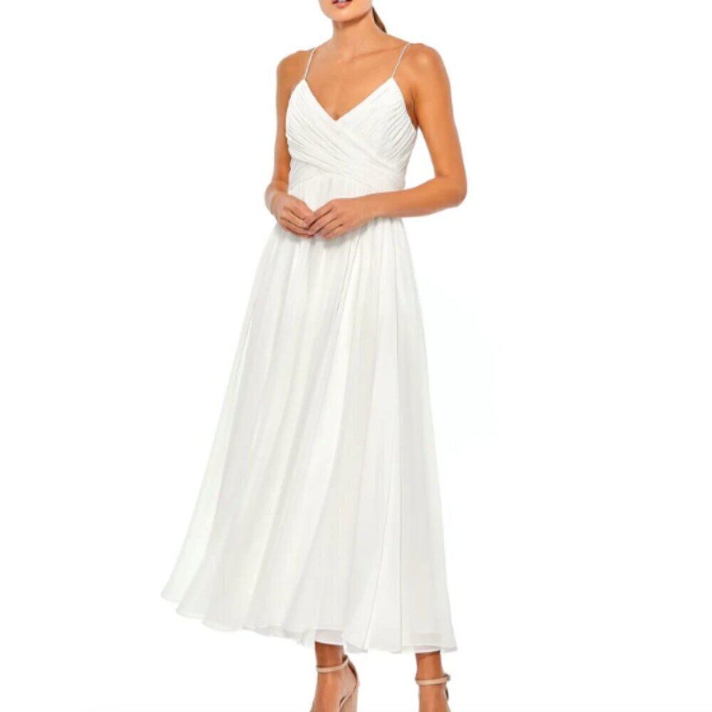 Mac Duggal Faux Wrap Sleeveless Flowy Midi Dress in‎ White sz L